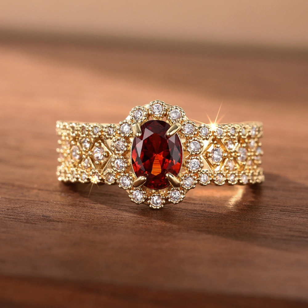 Women Chic Oval Red Zirconia Inlay Ring