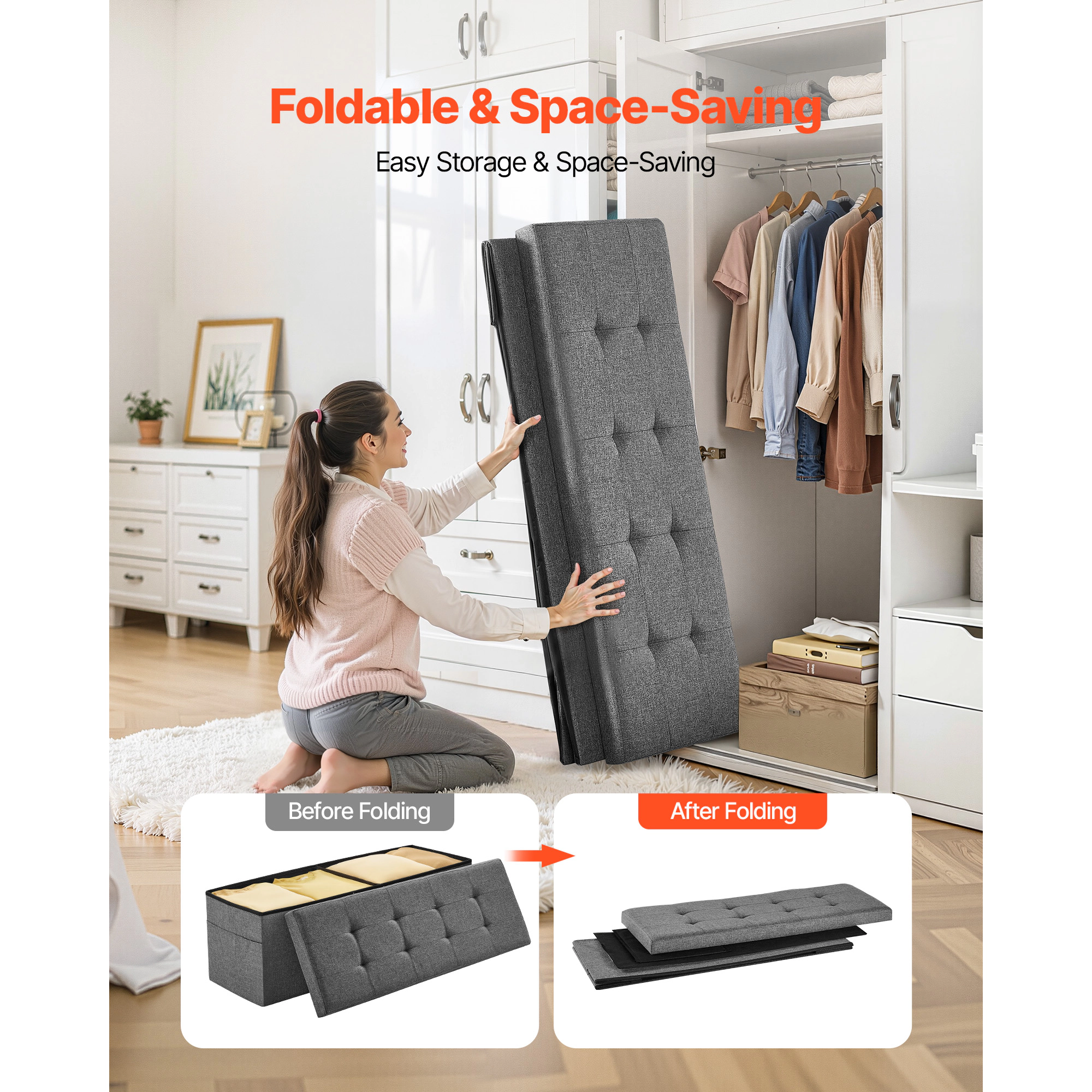 HONGGE Foldable Storage Ottoman Bench End of Bed Bench with Side Bags Folding Upholstered Storage Chest Supports 660