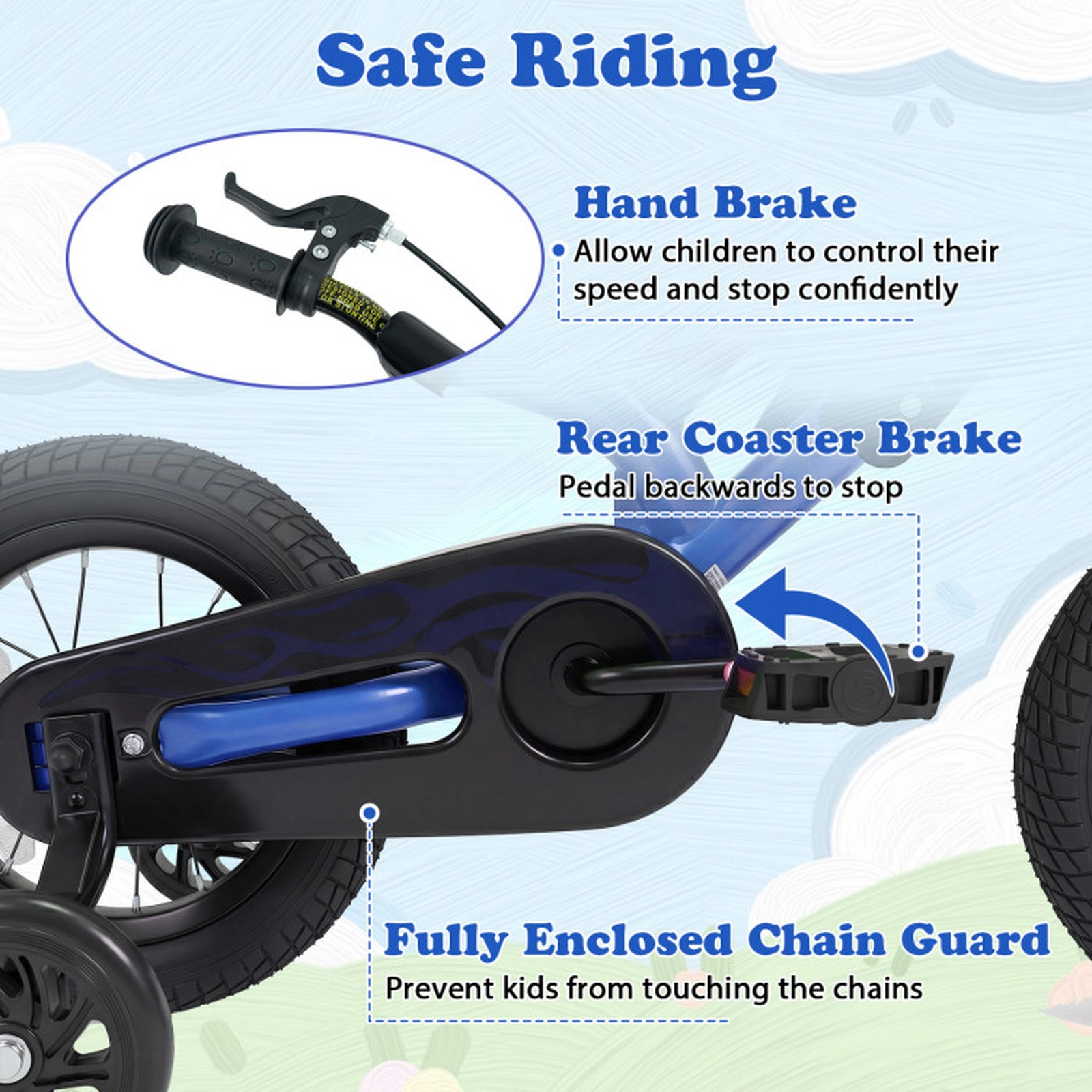 SUGIFT Motorcycle-Inspired 12-Inch Kids Bicycle with Training Wheels 143-lb Capacity Ages 3-4 Years Blue