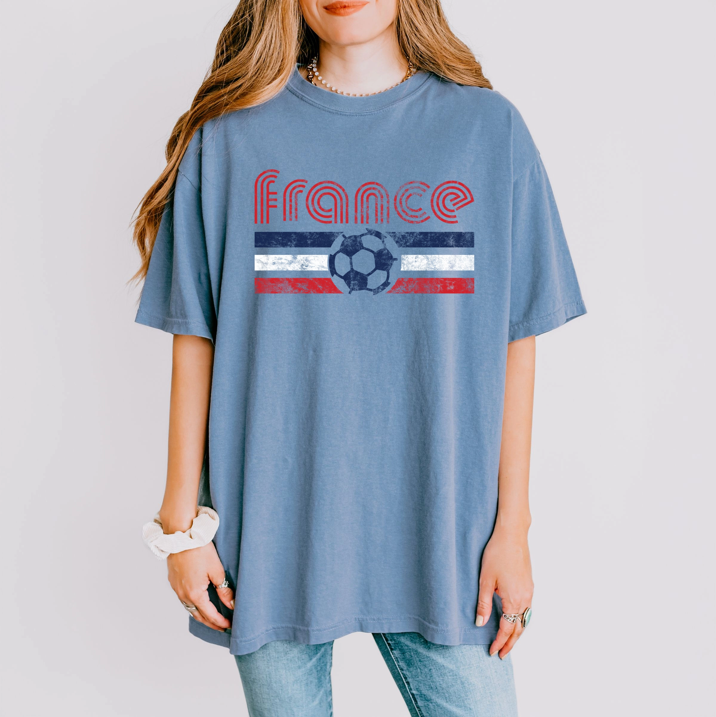 Simply Sage Market - France Soccer Flag Women's Garment Dyed Graphic T-Shirt