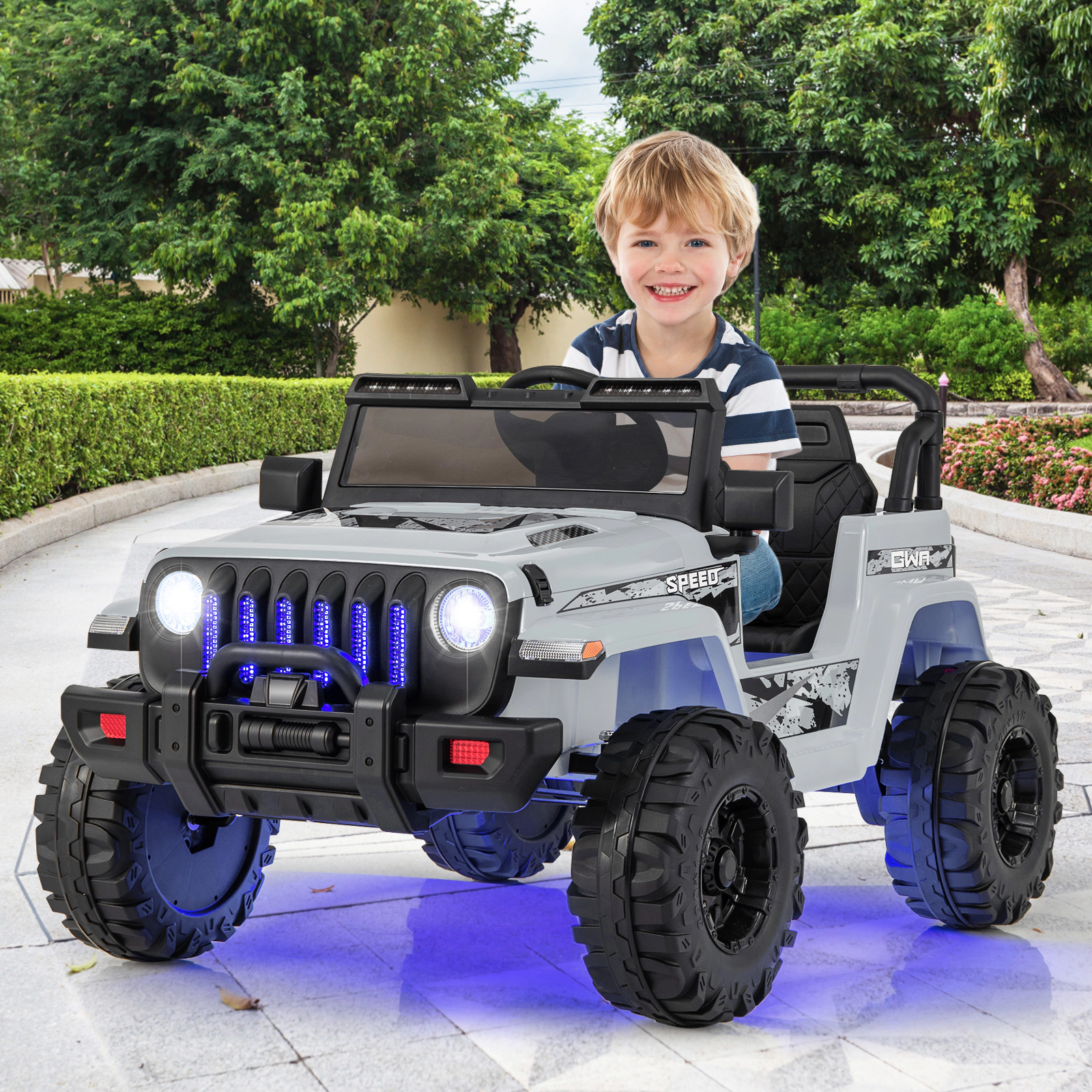 SUGIFT 2.4G Remote Control Spring Suspension and Music Kids 12V Ride On Jeep Style Car