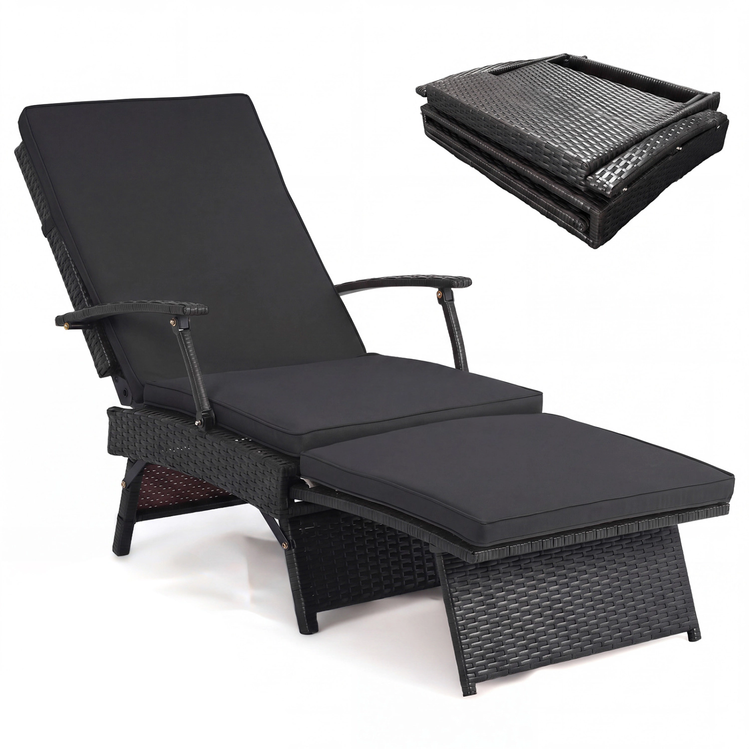 LJG Folding Wicker Chaise Lounge with Slide-Out Ottoman11-Level Adjustable Backrest to Flat and Sun-Proof PE Rattan