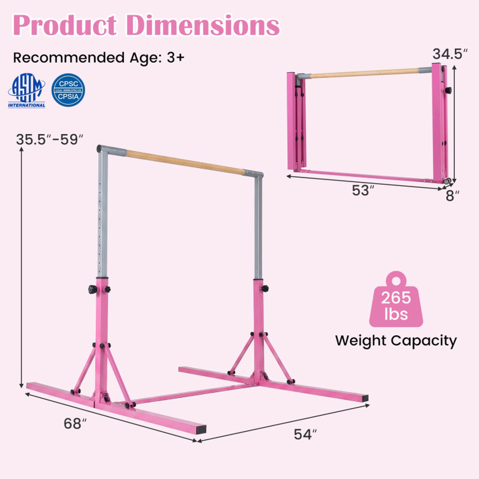 SUGIFT Foldable 13-Level Adjustable Gymnastics Training Bar 265-lb Capacity Ages 3+ Pink