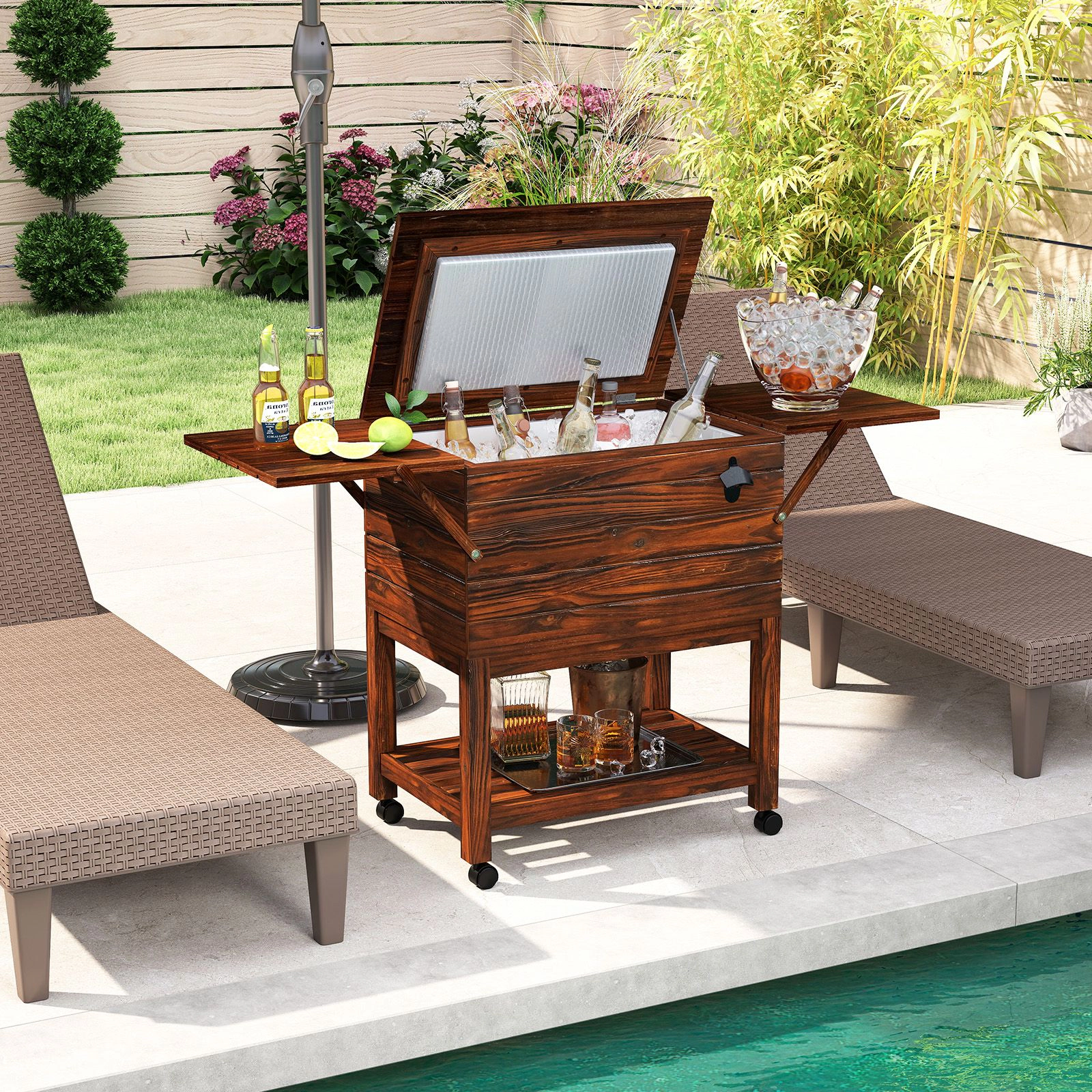 SlickBlue 54 Quart Wooden Patio Cooler Cart with Wheels and Storage Shelves