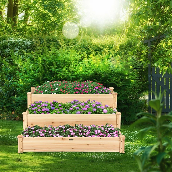 Hivvago Elevated 3 Tier Wooden Garden Bed for Home Gardening