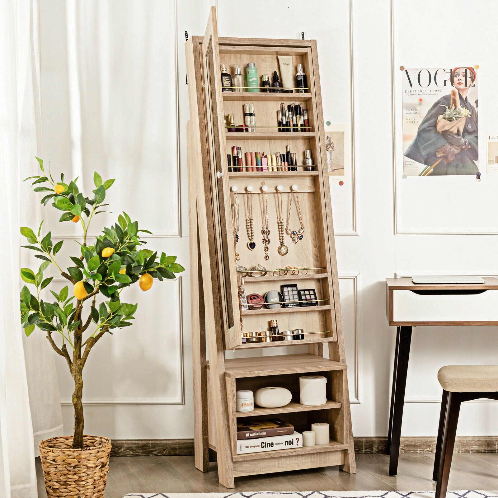Slickblue 68 Inch Freestanding Jewelry Cabinet with Full-Length Mirror and Storage Shelves