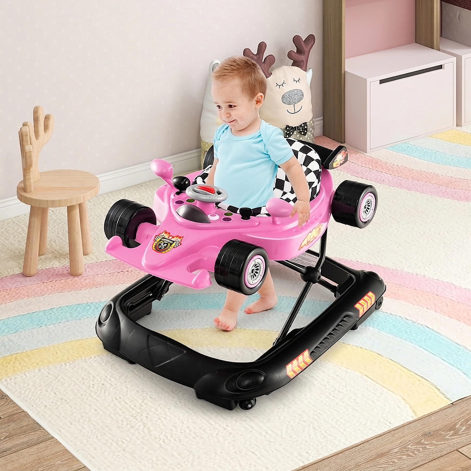 Convertible Baby Walker and Activity Center with 3 Height Settings Racing Car Music Plate and Damping Wheels Pink