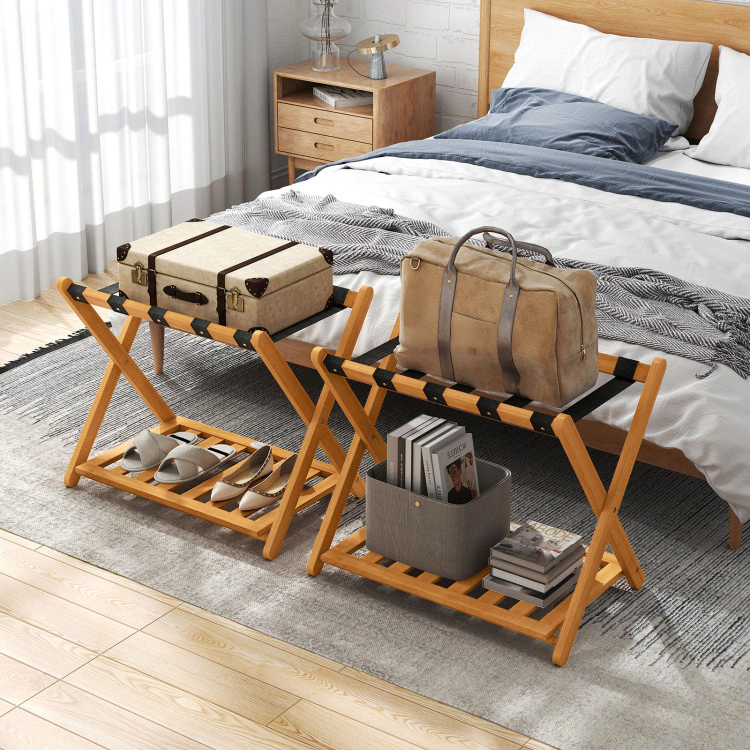 Hivvago Set of 2 Folding Luggage Racks with 5 Nylon Straps and Slatted Storage Shelf