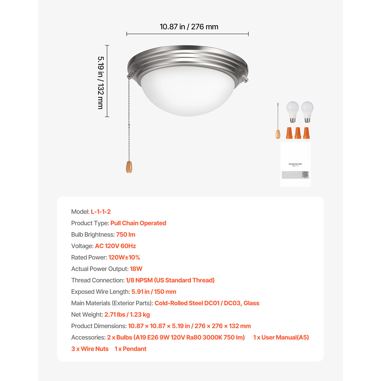 HONGGE Ceiling Fan Light Kit 3000K 750lm with Pull Chain Replacement Fixture for Living Room Bedroom Glass Shade