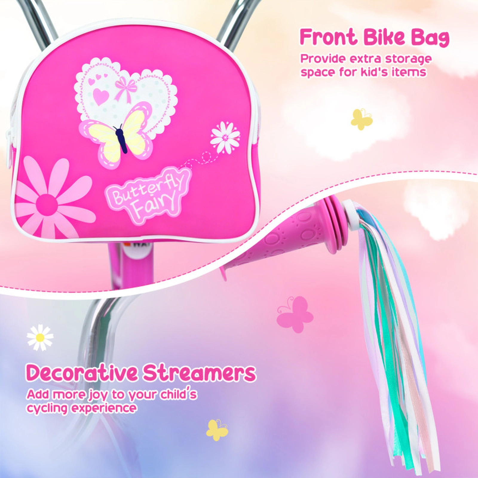 SUGIFT Pink Training Wheels Front Bag and Streamers Girls Bike