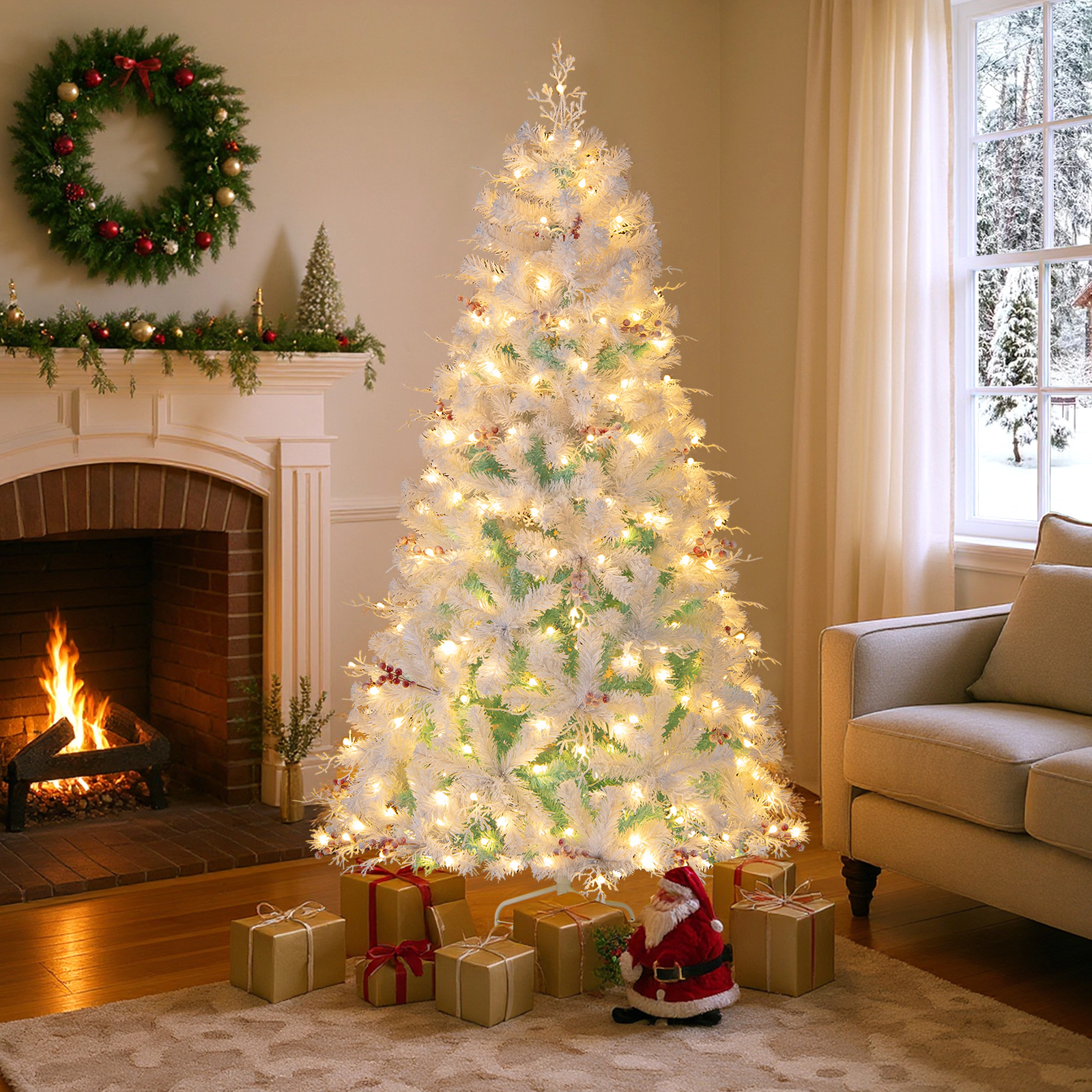 SlickBlue Snow Flocked Christmas Tree with Red Berries & LED Lights