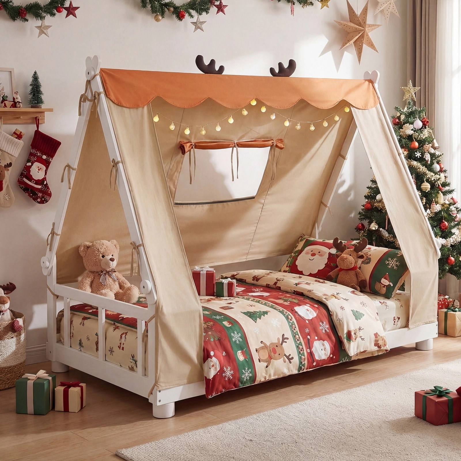SUGIFT Twin House Floor Bed, Montessori Wood Frame, Velvet Canopy, White