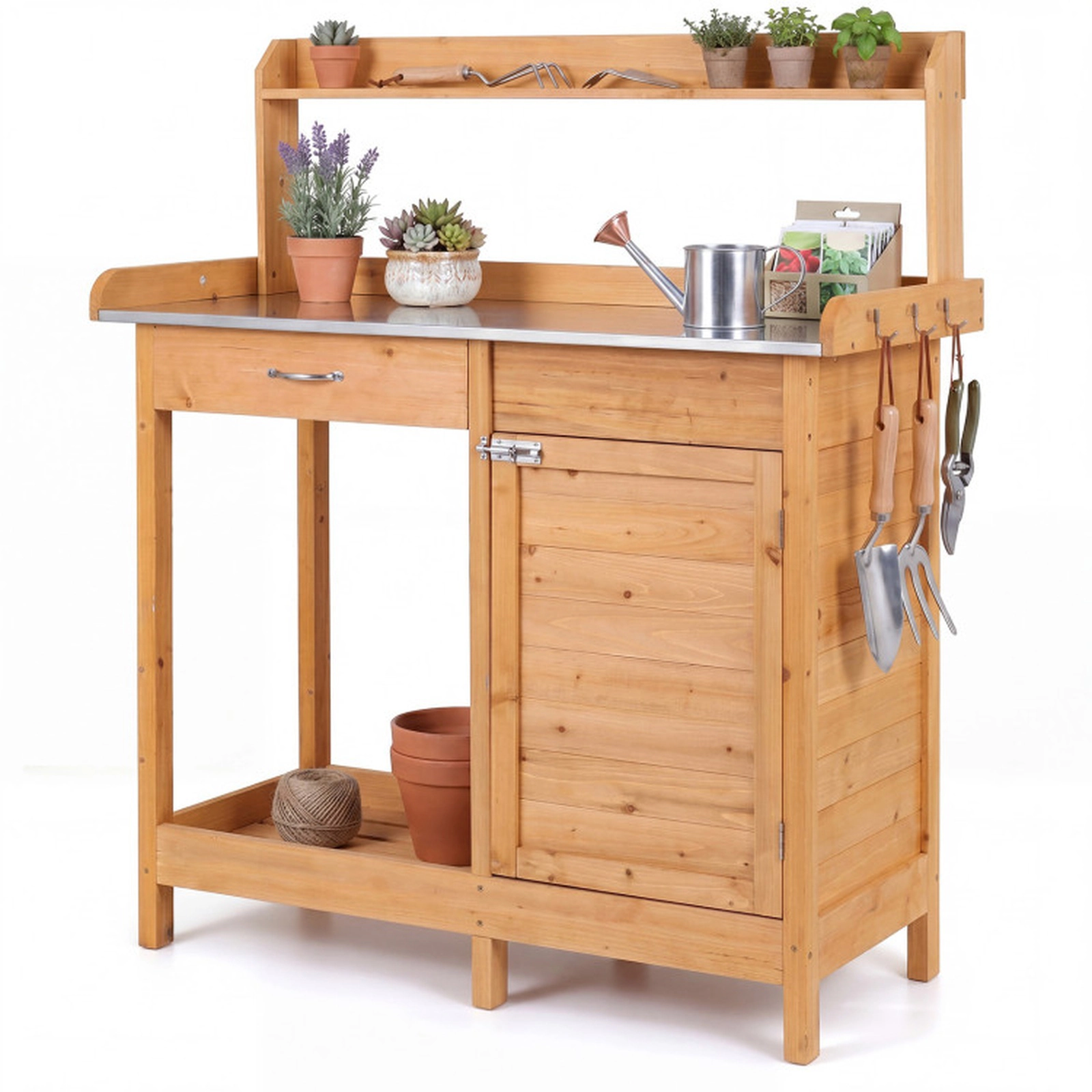 SUGIFT Natural Fir Wood Potting Bench Table with Metal Top Drawer and 3 Side Hooks 44-in W 18-in D 49.5-in H