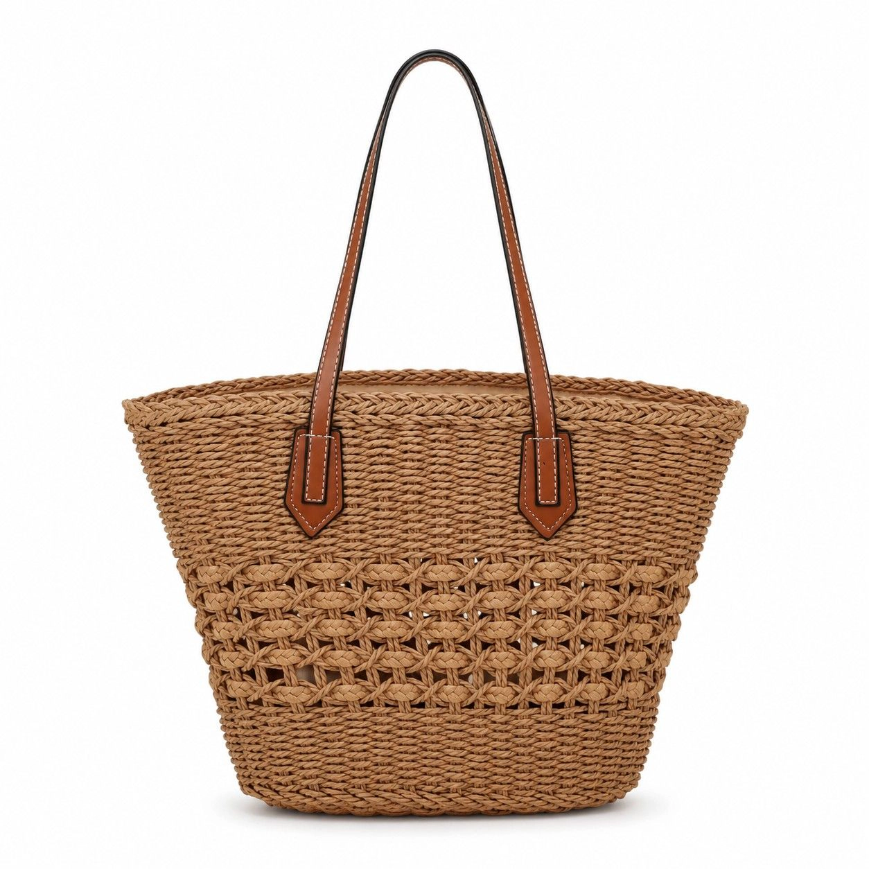 Alilang Women's Woven Straw Tote Bag with Zip Closure Small Interior Pocket and Leather Handles, Khaki