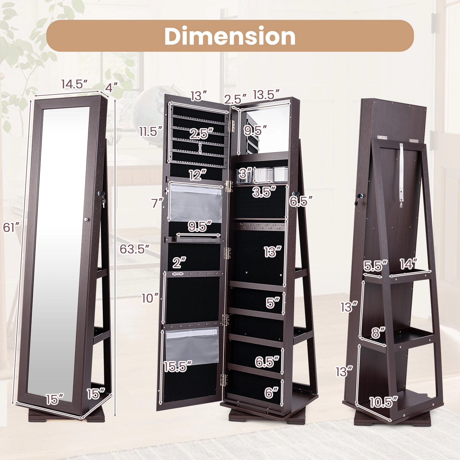 SUGIFT 360 Degree Rotatable Jewelry Cabinet 2-in-1 Lockable Armoire with Full-Length Mirror