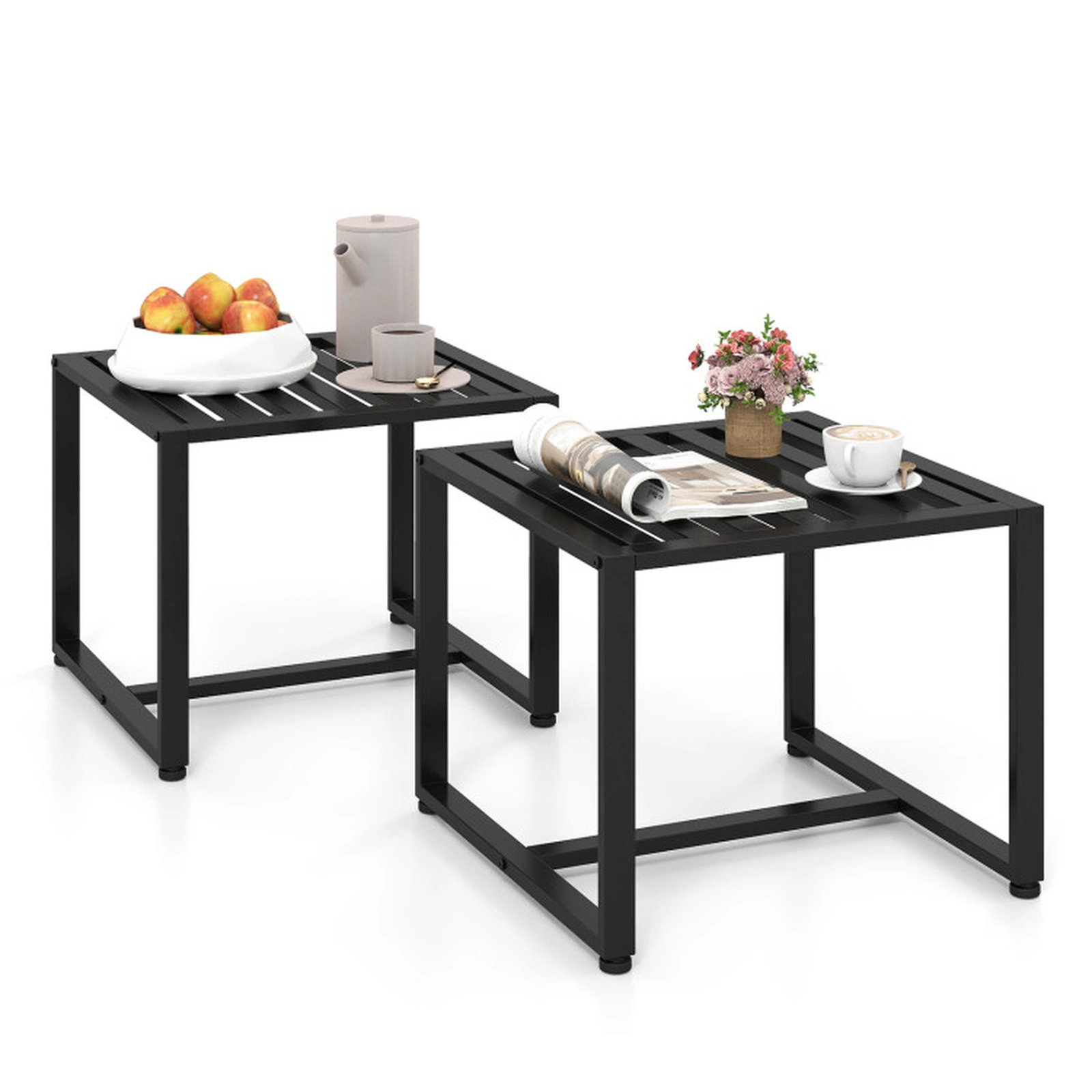 SUGIFT Set of 2 Black Metal End Tables with Slatted Tabletop, 242-lb Capacity Each