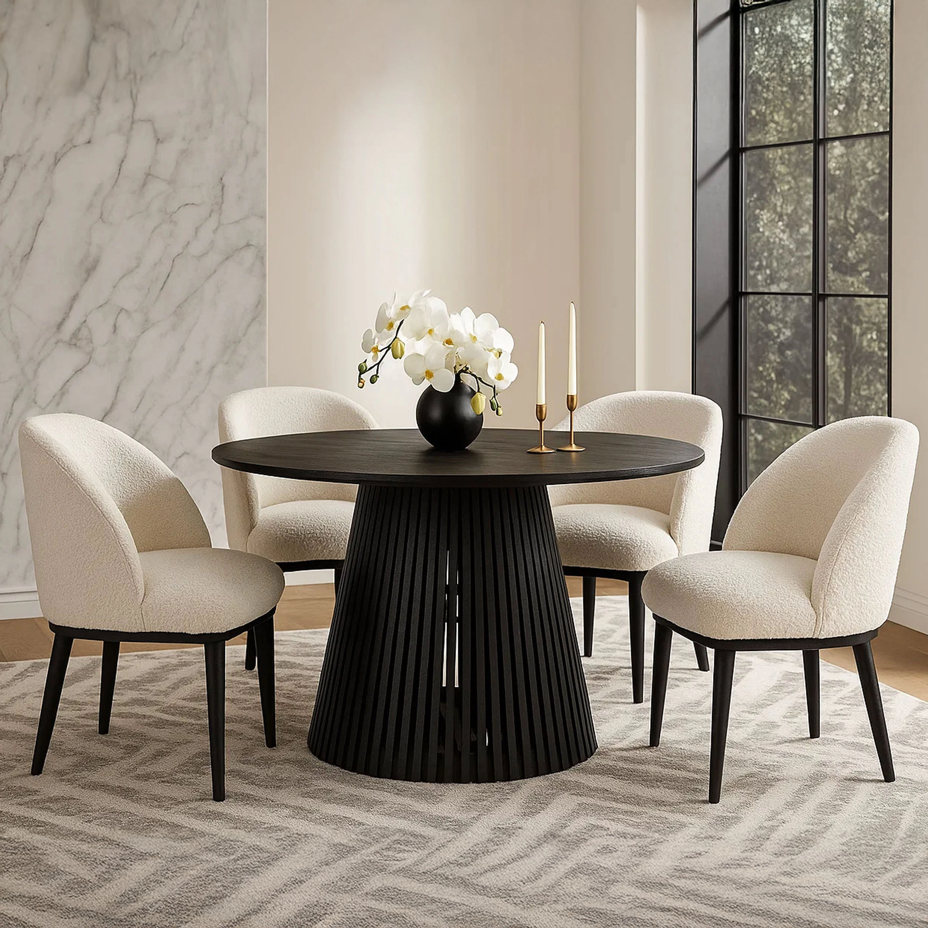 The Urban Port Ridge 47 Inch Handcrafted Mango Wood Round Dining Table, Slatted Flared Base, Black