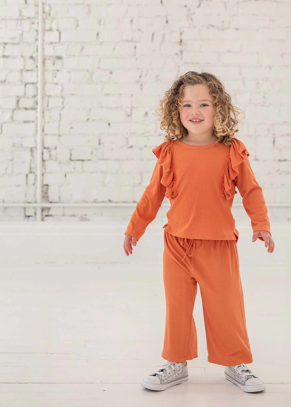Mabel and Honey Candy Land Ribbed Knit Two-Piece Set, Long-Sleeve Ruffle Top Jogger Pant