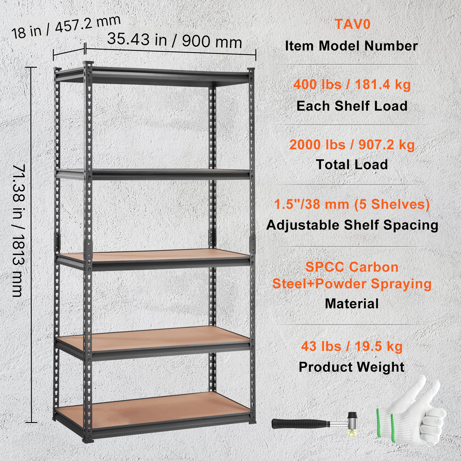 HONGGE 5-Tier Adjustable Garage Shelving Unit, 35 x 18 x 71 Inch Heavy Duty Metal Rack, Holds 2000 lbs, Black