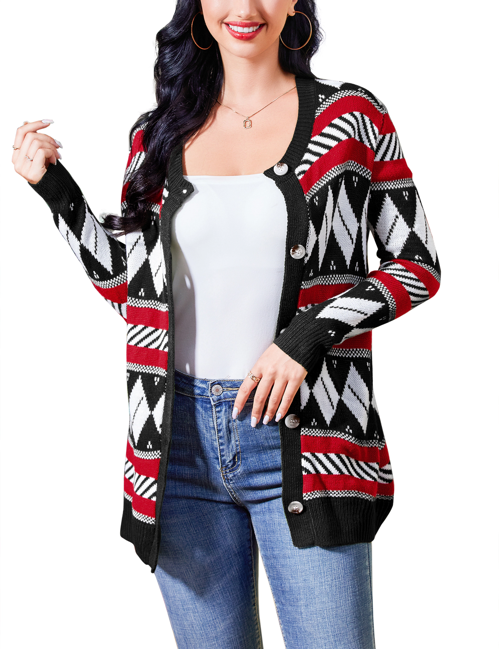 KOJOOIN Women's Festive Open Front Button Knit Cardigan Color Block Ribbed Cuffs Top Coats