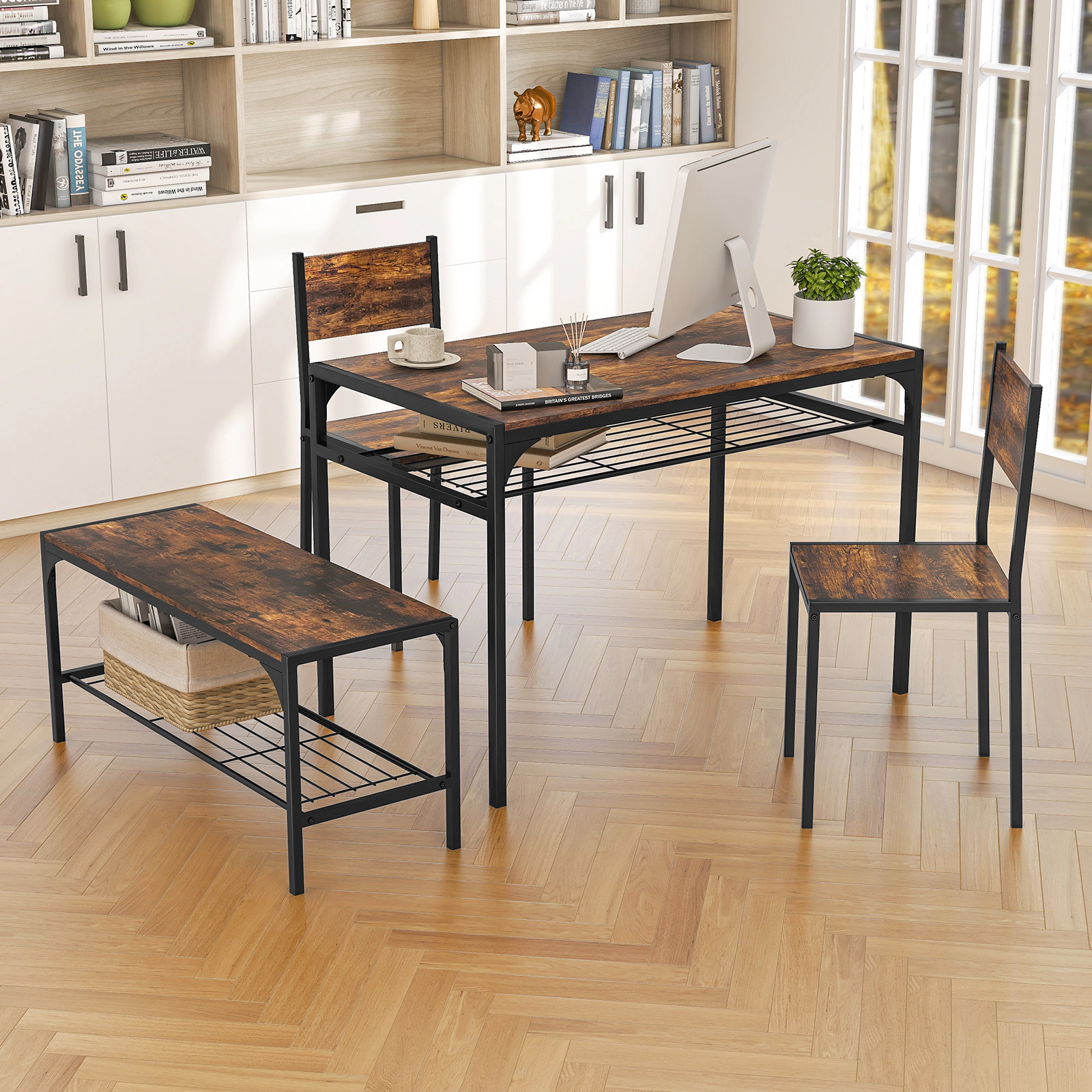 SUGIFT 4-Piece Industrial Dining Set, 43-Inch Table, Bench, 2 Chairs, 2 Storage Shelves