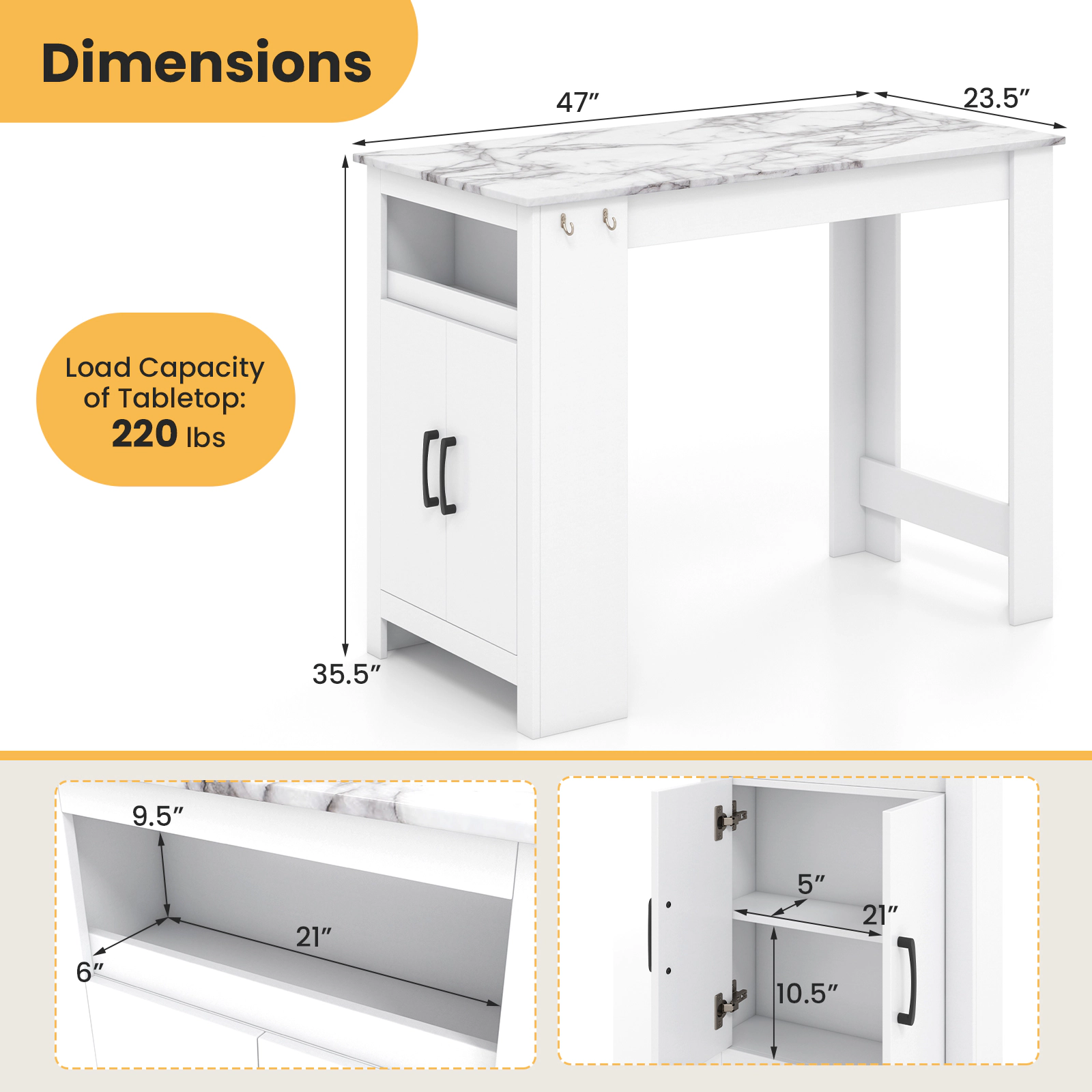 SUGIFT Faux Marble Bar Pub Table Storage Compartment & 7 Hanging Hooks 47-in Frame 220-lb Tabletop Capacity White MDF