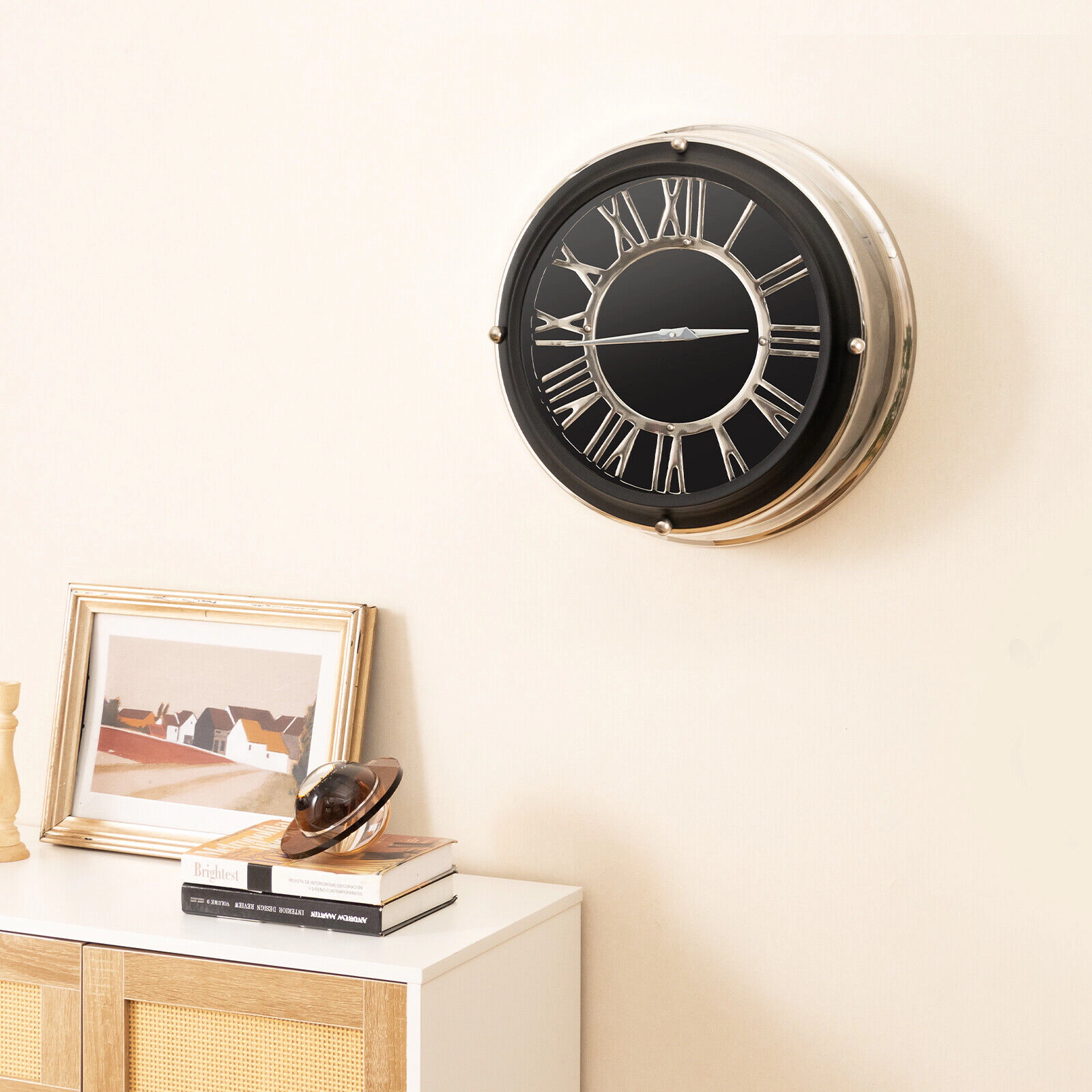 SUGIFT Silent Quartz Wall Clock with Silver Frame 17.5-in Face Stainless Steel Aluminum Glass 1-AA Battery Silver