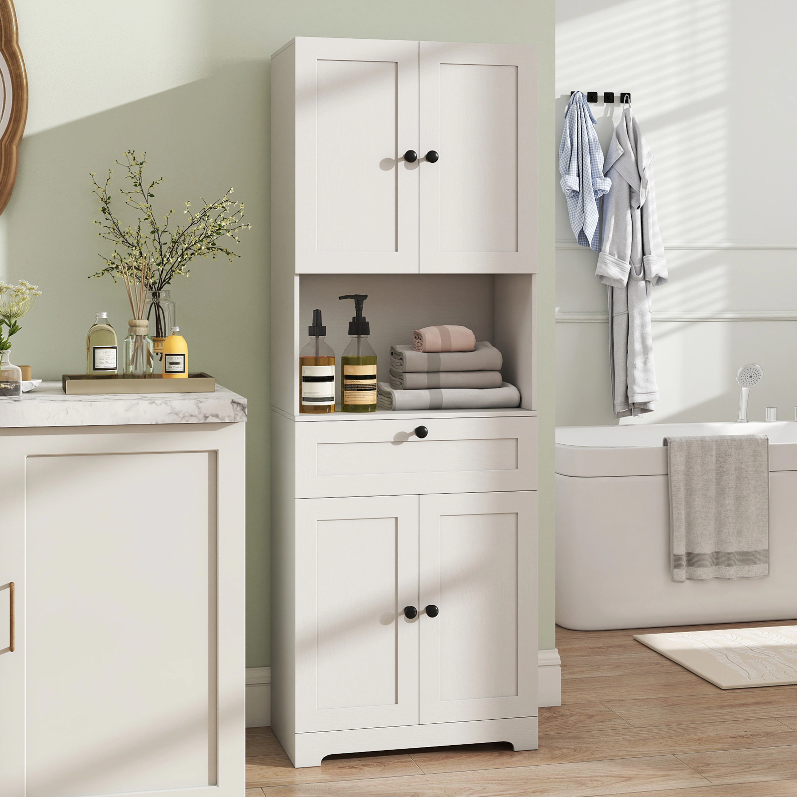 Glintex 67.5-Inch Tall Storage Cabinet with 4 Doors and Open Display Bay