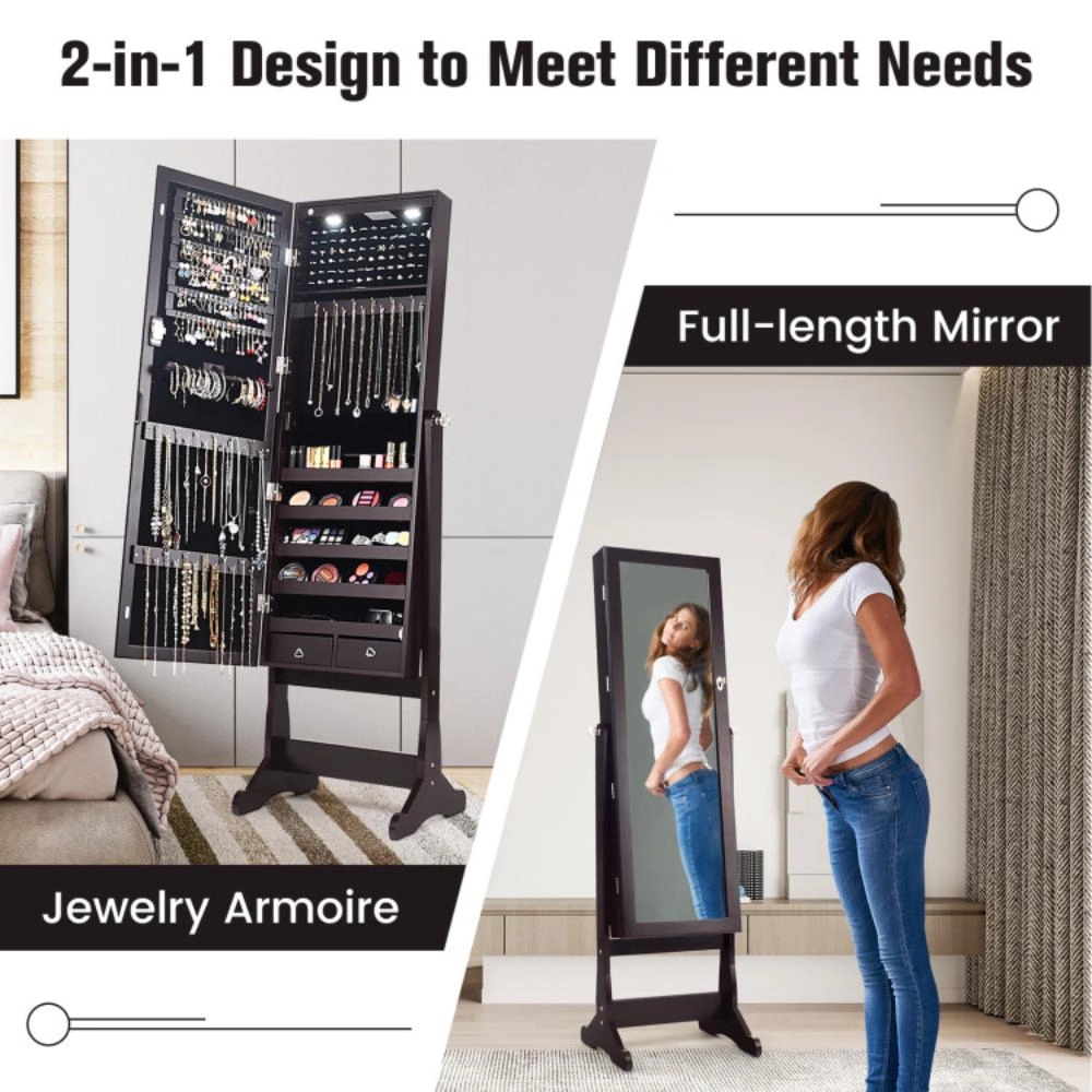 Hivvago Lockable Mirrored Jewelry Cabinet with Stand and Led Lights-Brown