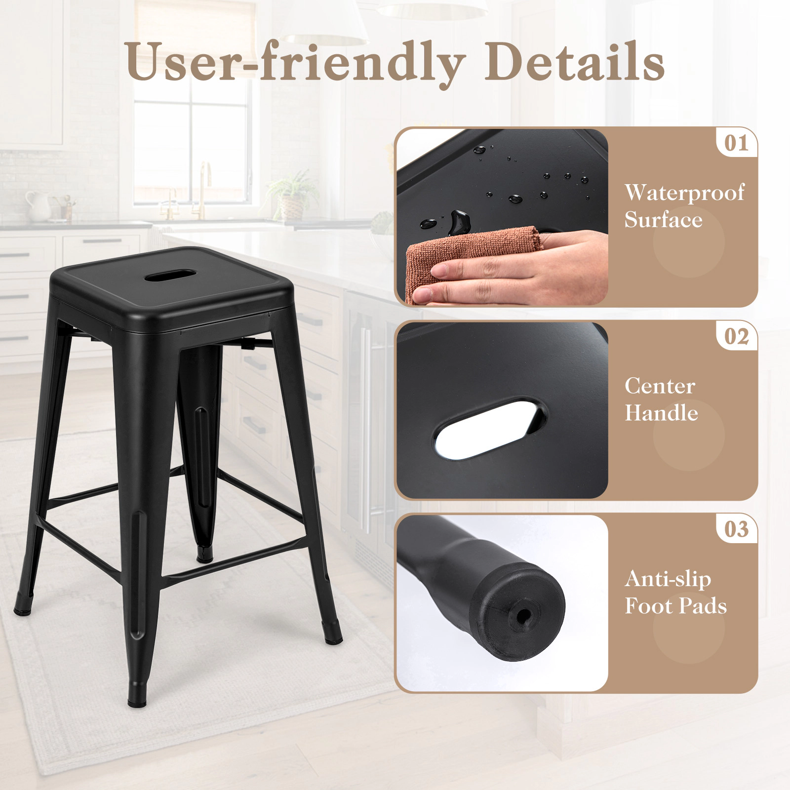 Glintex 4-Piece 24-Inch Stackable Metal Counter Stool Set with Footrest