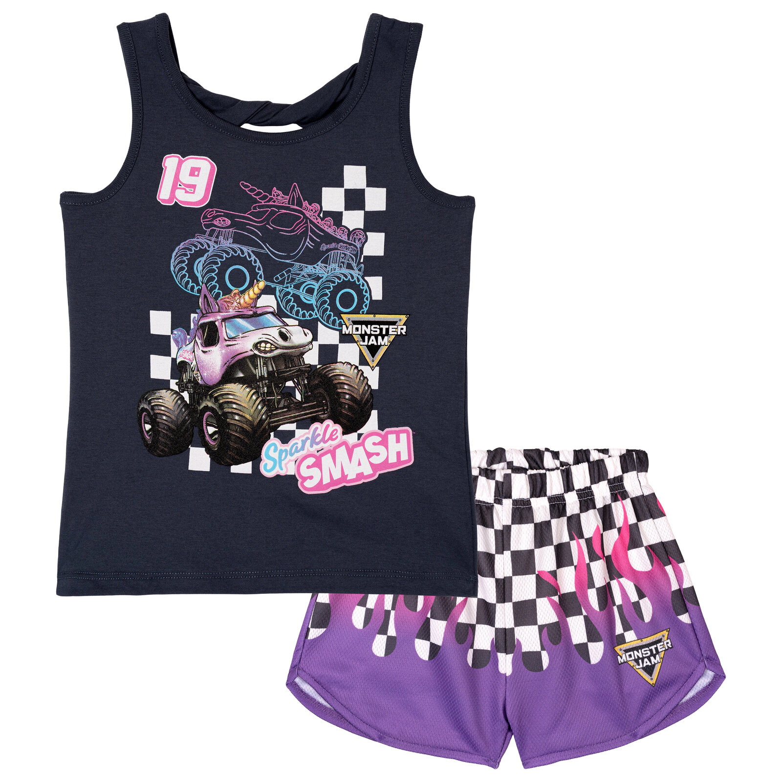 Monster Jam Sparkle Smash Girls' Athletic 2-Piece Tank Top and Shorts Set