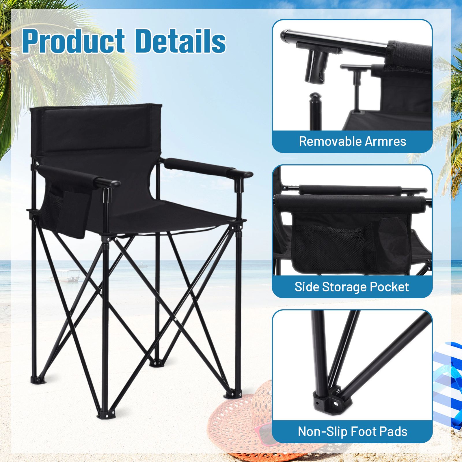 LJG Portable 38 Inch Oversized High Camping Fishing Folding Chair