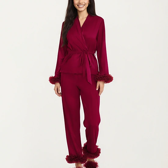 Anna-Kaci Women's 2-Piece Satin Wrap Long Sleeve Feather Trim Top and Straight Leg Pants