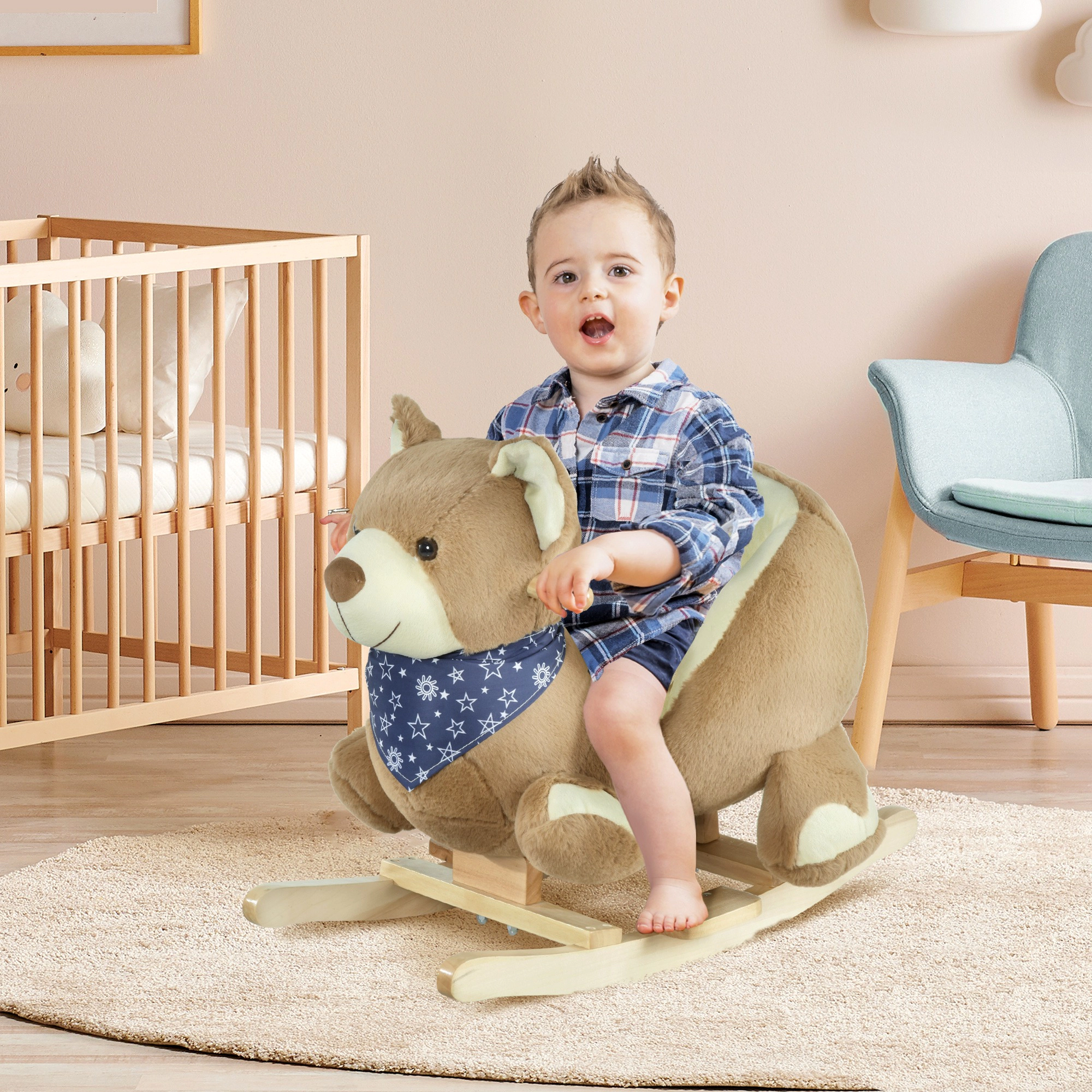 HONGGE Bear-Themed Baby Rocking Horse with Lullaby Sound, Poplar Wood Base and Safety Belt, 18-36 Months