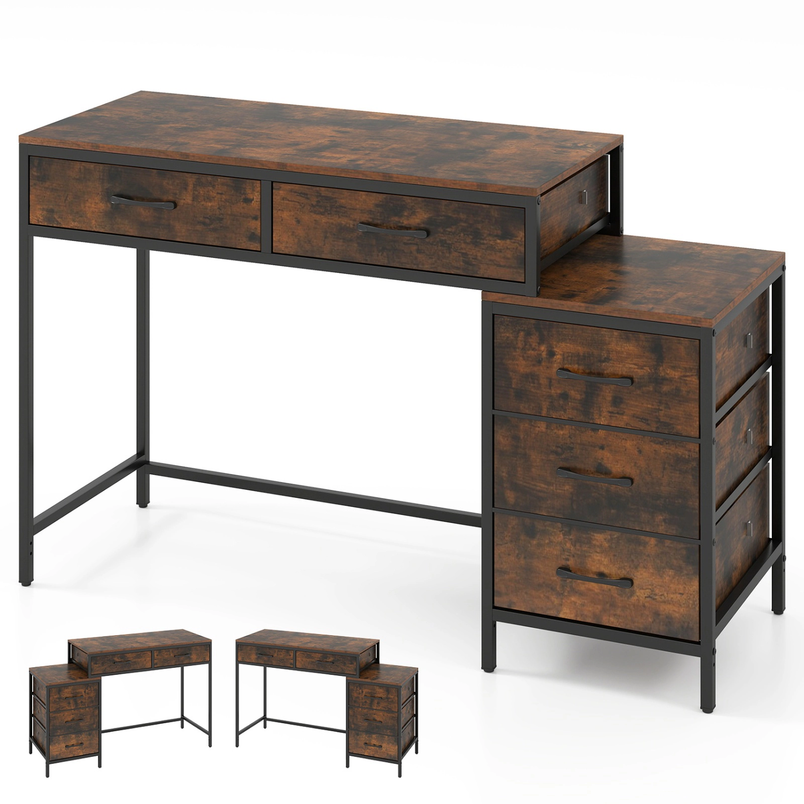 SUGIFT 51-Inch Rustic Brown Computer Desk with 5 Drawers, Printer Stand and Reversible Storage Tower