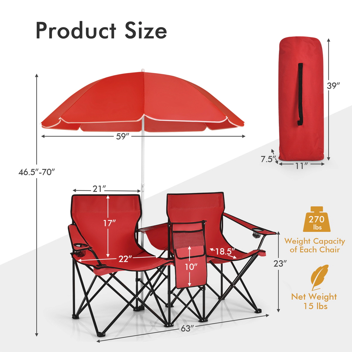 SUGIFT Red Double Folding Picnic Chair with Removable Umbrella and Cooler Bag 63-in W 22-in D 270-lb Per Seat
