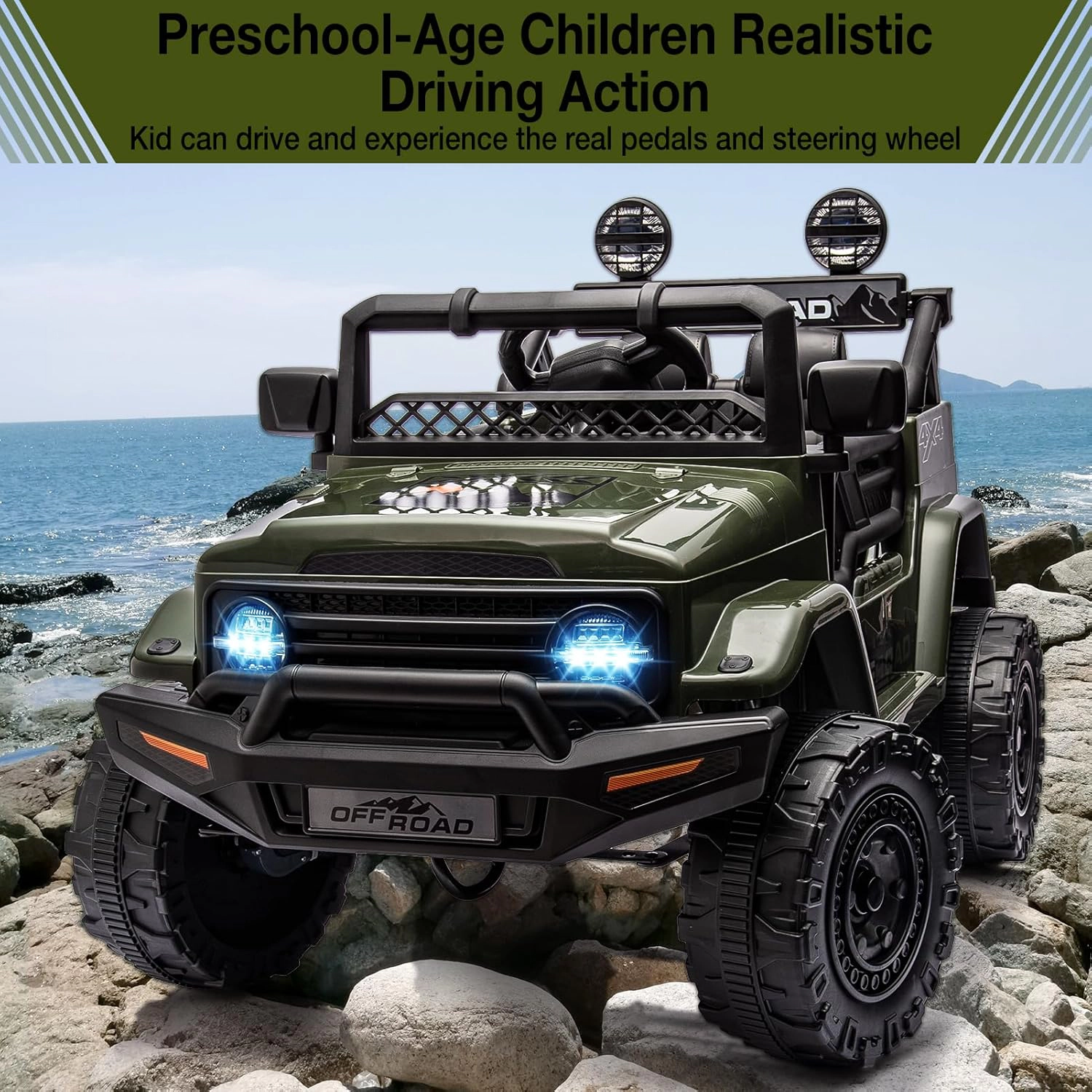 Enjyam 12V 2-Seater Kids Ride On Truck, Electric Car w/Parent Remote, LED Lights, Music, Off-Road Toy for Age 3-8