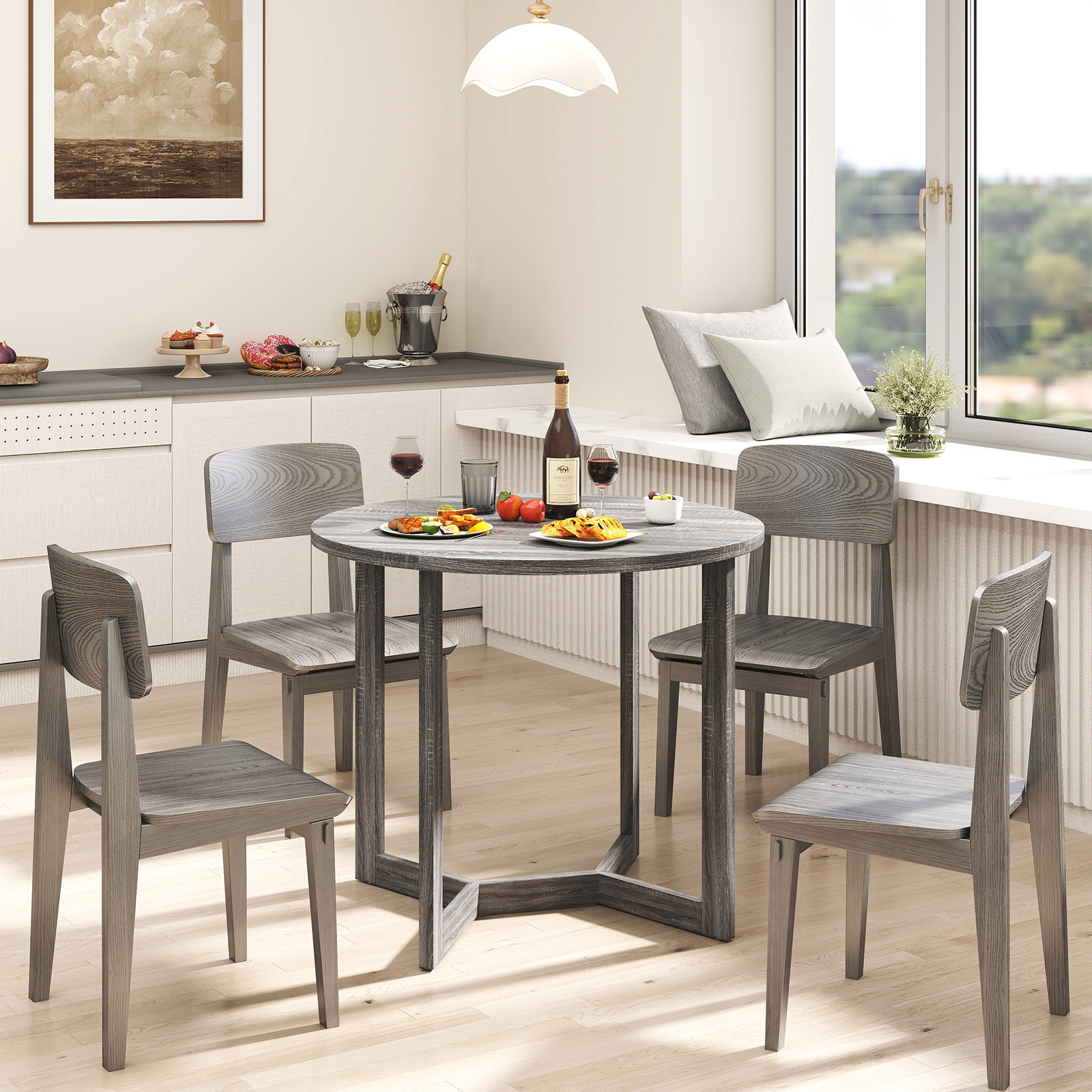 LJG 36 Inch Round Wood Dining Table for 2-4 People with Wing-Shaped Pedestal Base