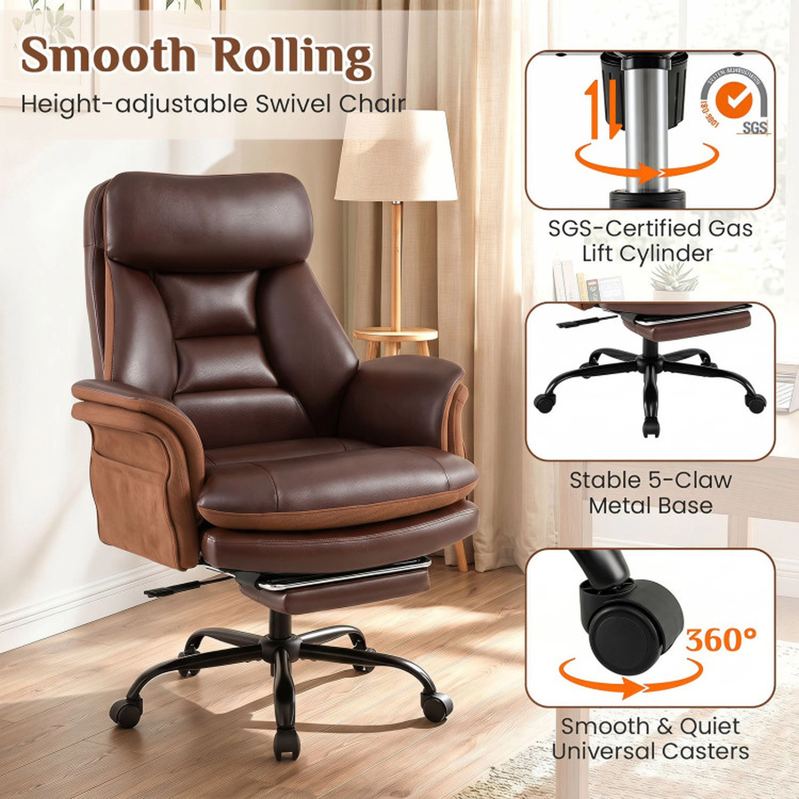 SUGIFT Brown Retractable Footrest and Faux Leather Ergonomic Big and Tall Office Chair