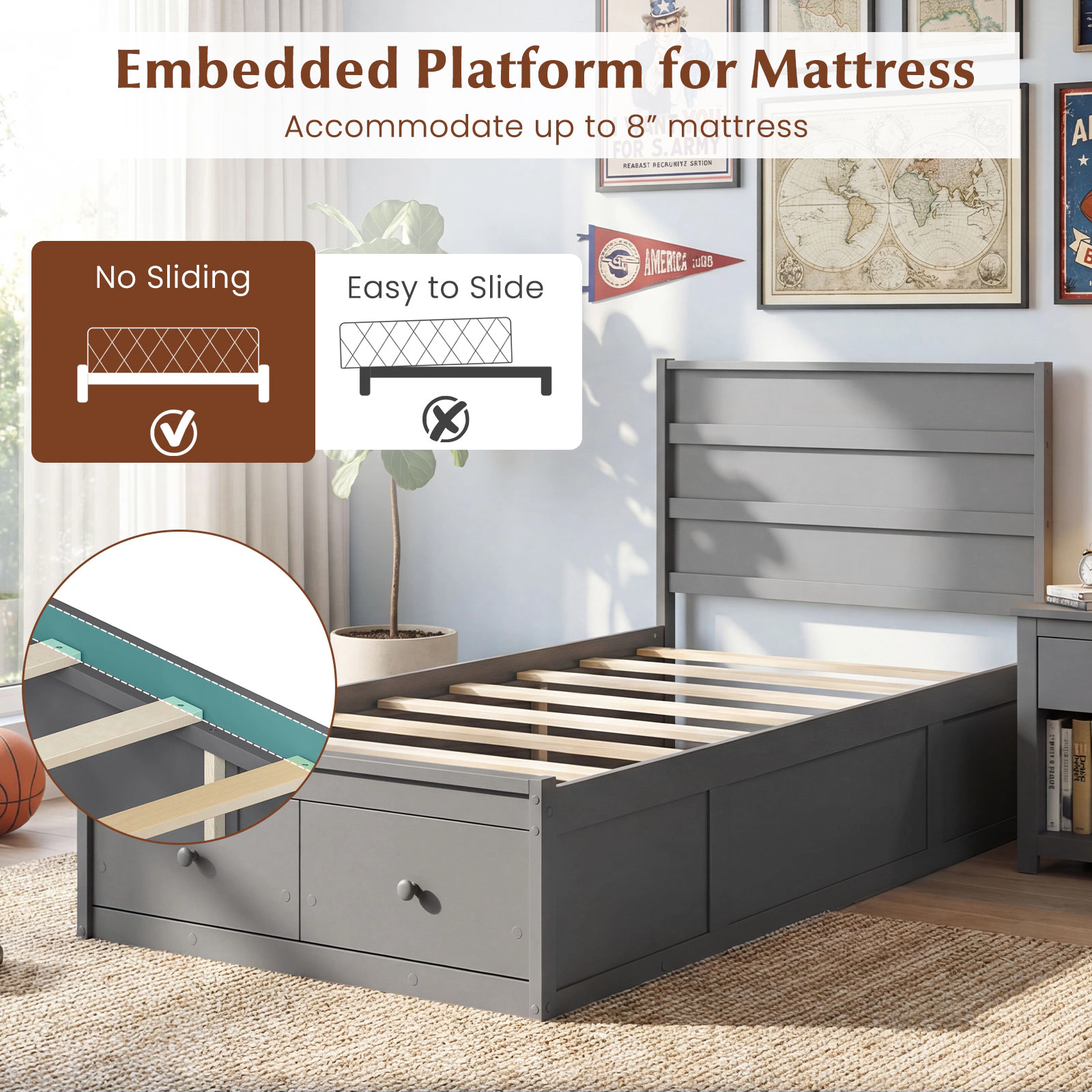 SUGIFT Twin 350-lb Bed Capacity Wood Platform Frame with Headboard and 2 Storage Drawers 40.5-in H Gray
