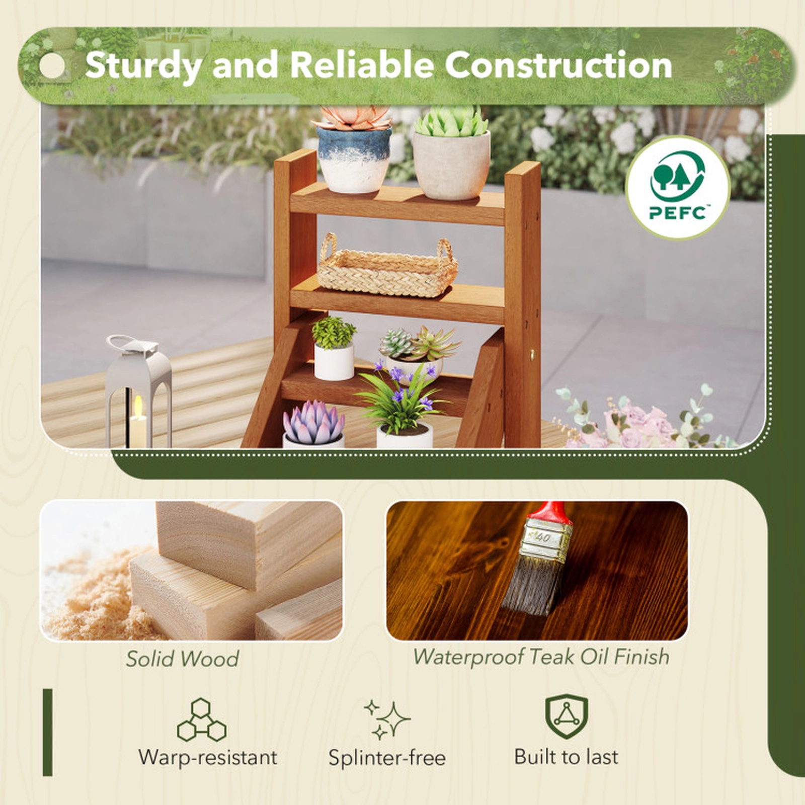 SUGIFT 4-Tier Solid Wood Plant Stand for Flowerpots and Succulents 44-lb Total Capacity 11-lb Per Tier Natural