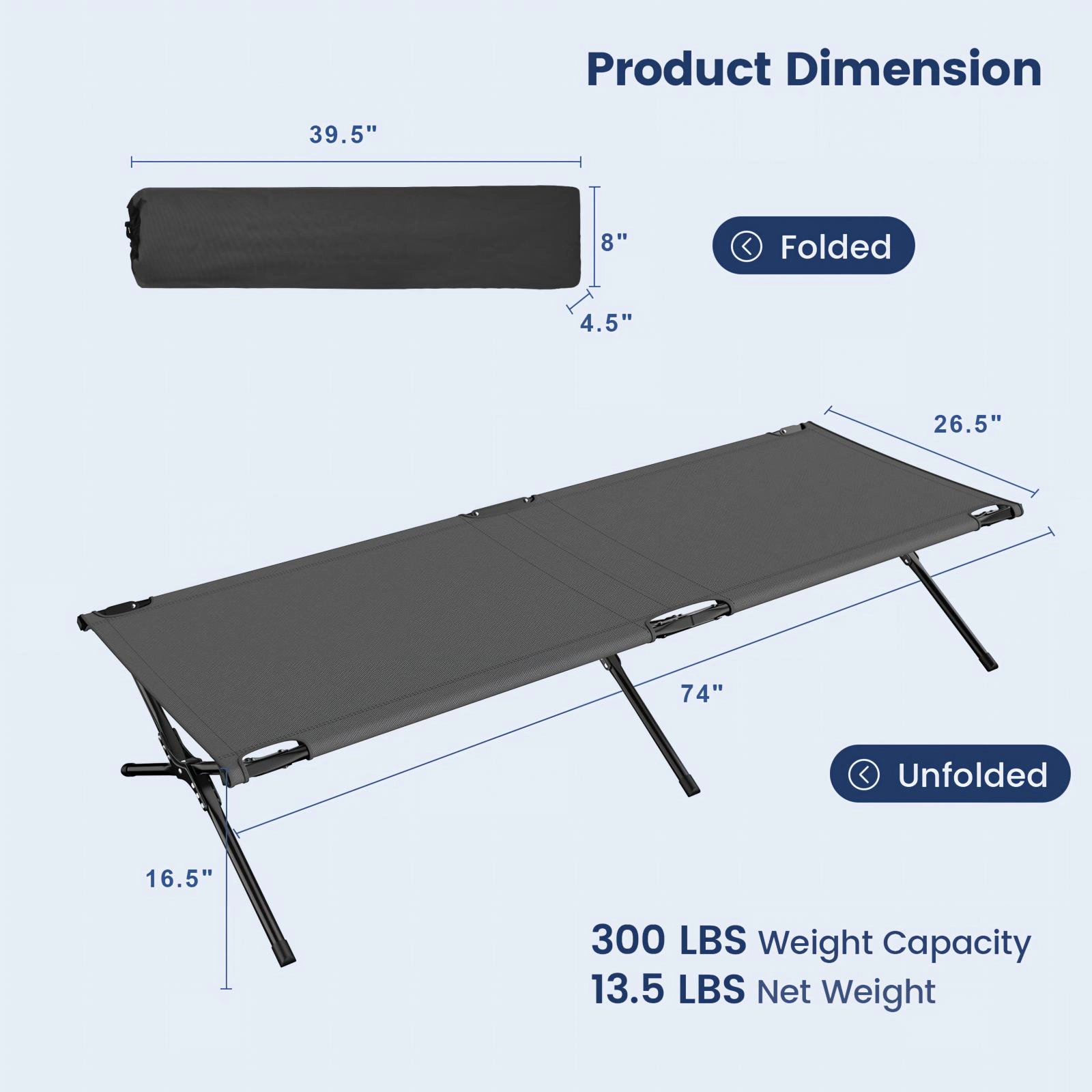 SUGIFT Adult and Kids Gray Folding Camping Cot with X-Shaped Iron Legs 26.5-in W 16.5-in H 300-lb Bed Capacity