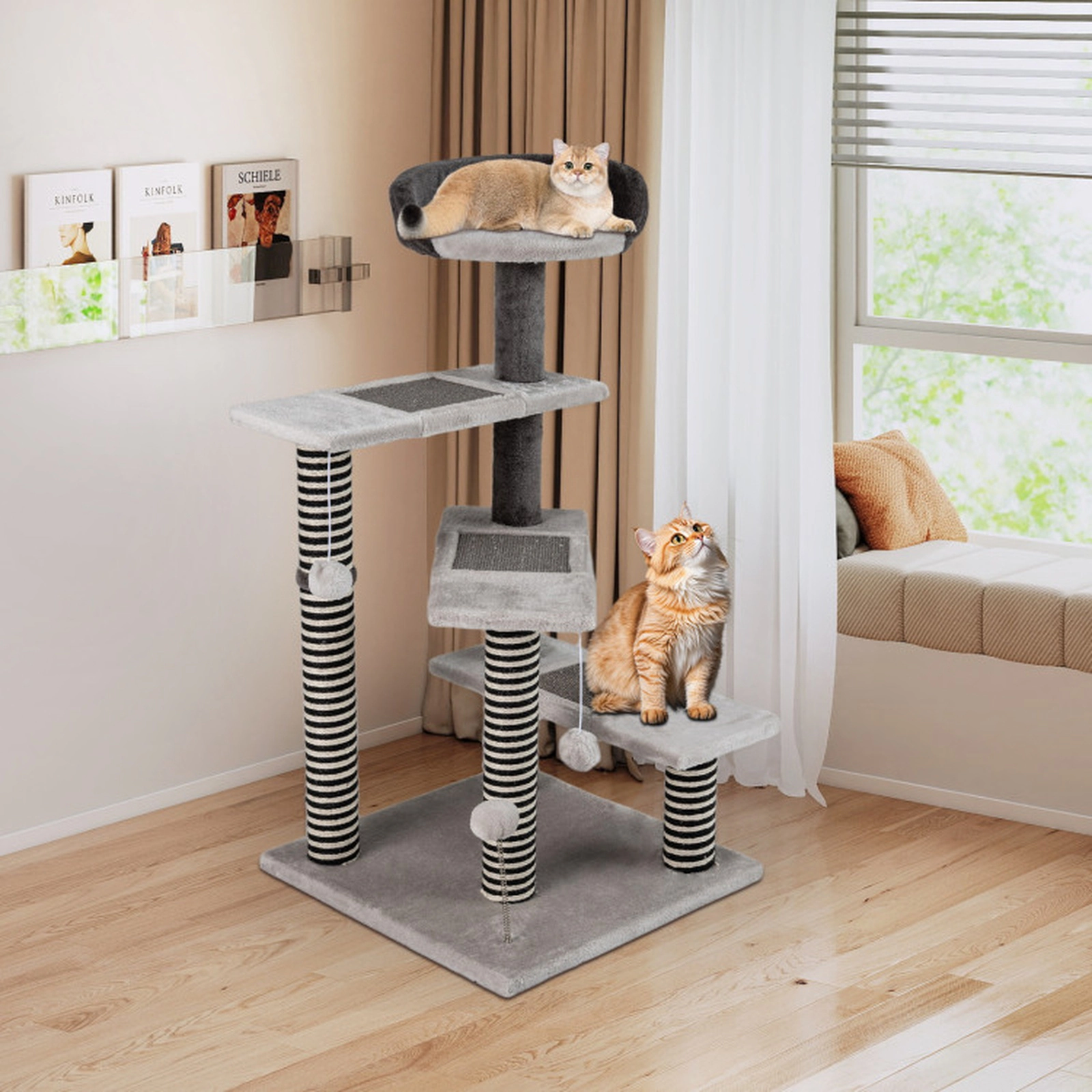 SUGIFT 37-in Gray Kitten Cat Tree Tower with Sisal and Jute Posts 3 Platforms and Padded Top Perch