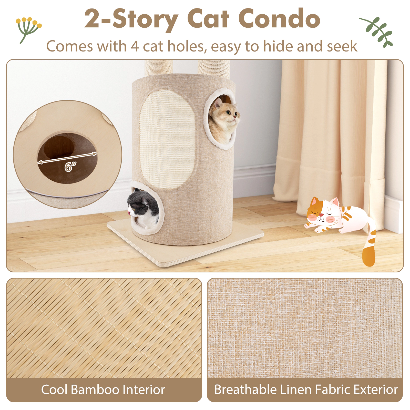 SUGIFT 74-in Natural Cat Tree for Large Cats with 2-Story Bamboo Condo 4 Cat Holes and 2 Hammocks