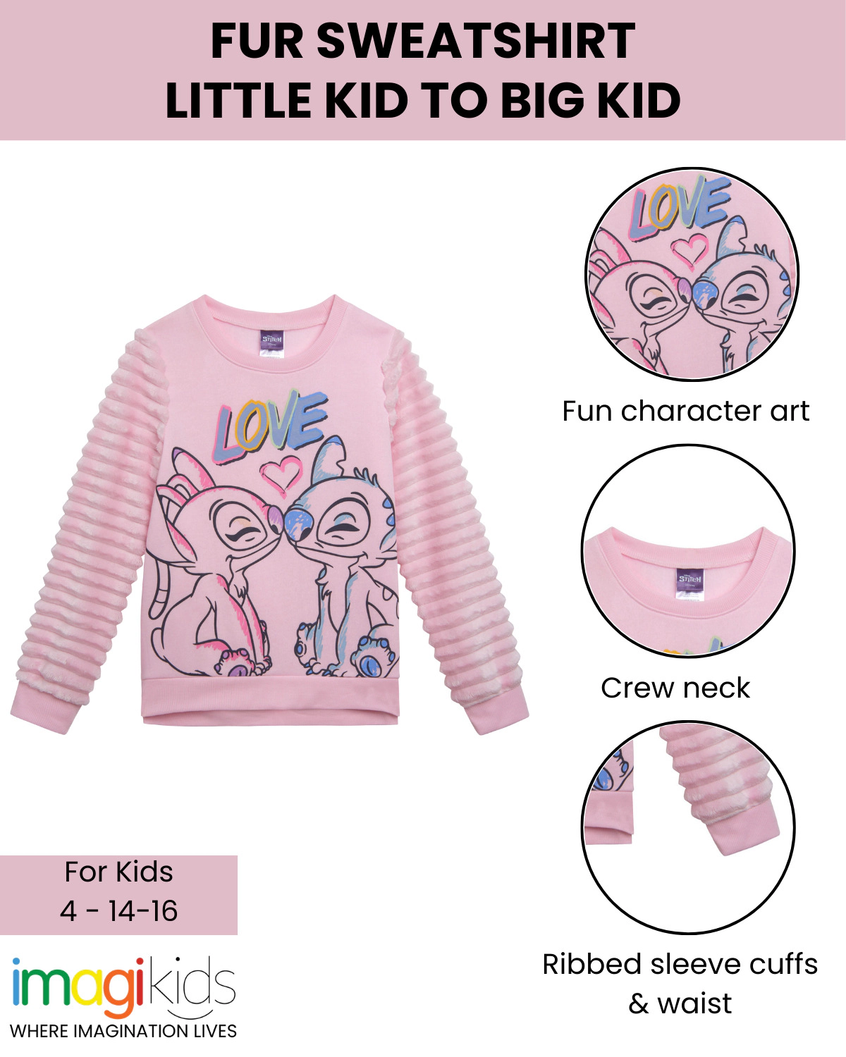 Disney Lilo & Stitch Girls' Faux Fur Fleece Pullover Sweatshirt