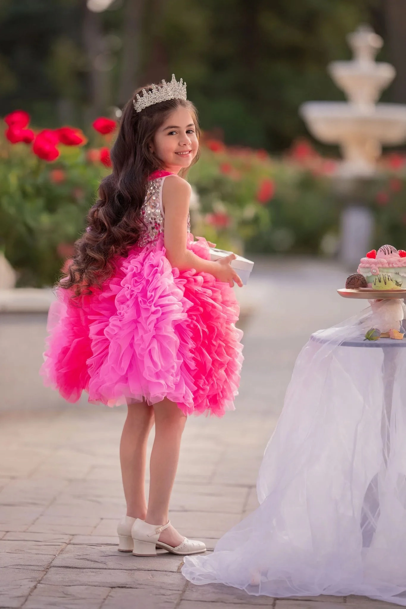 Faeella Girls Princess Rosabelle Pink Ombré Sequin Ruffle Dress