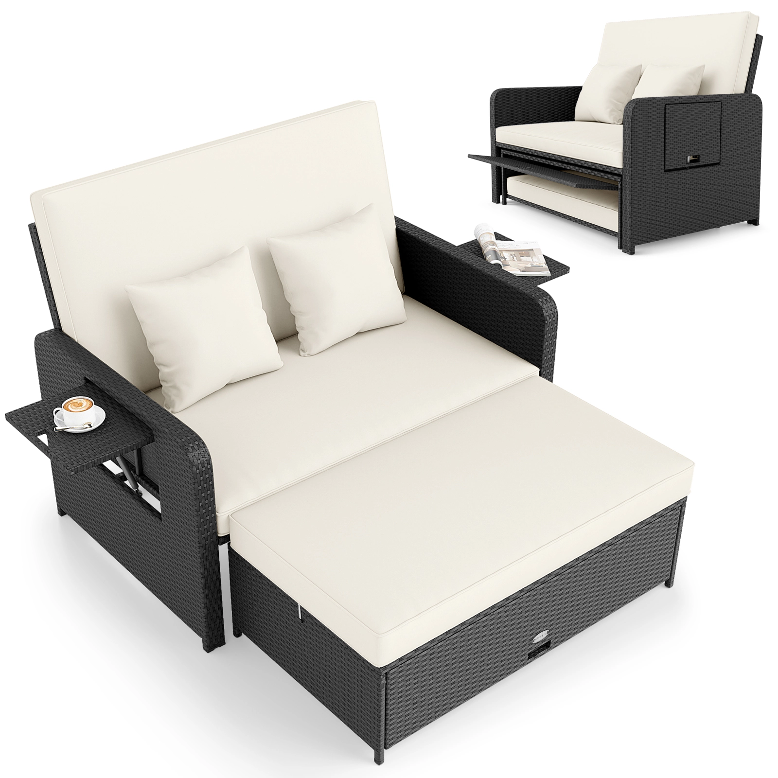 SUGIFT White 4-Level Adjustable Backrest and Storage Ottoman PE Wicker Outdoor Daybed