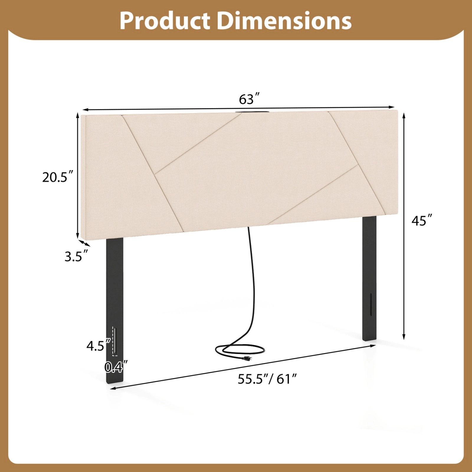 SUGIFT Geometric Beige Upholstered Headboard, Full-Queen, Charging Station