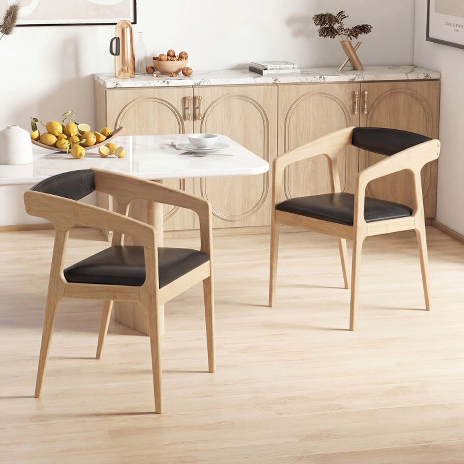 SUGIFT Set of 2 Brown Faux Leather Upholstered Dining Armchairs