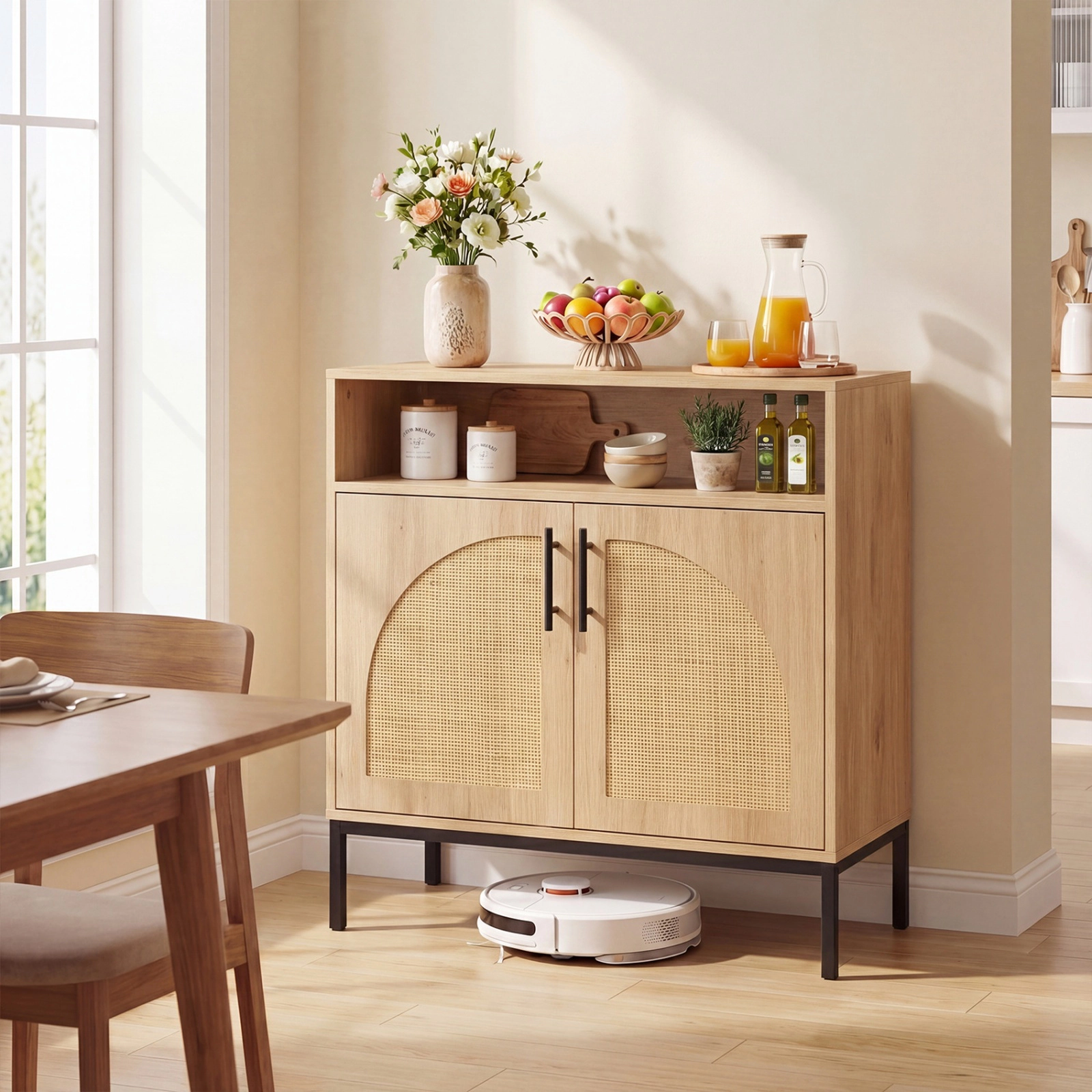 SUGIFT Rattan Door Sideboard Buffet Cabinet with Shelf 145-lb Capacity 32.5-in Tall 32-in Wide 2-Door Natural/White
